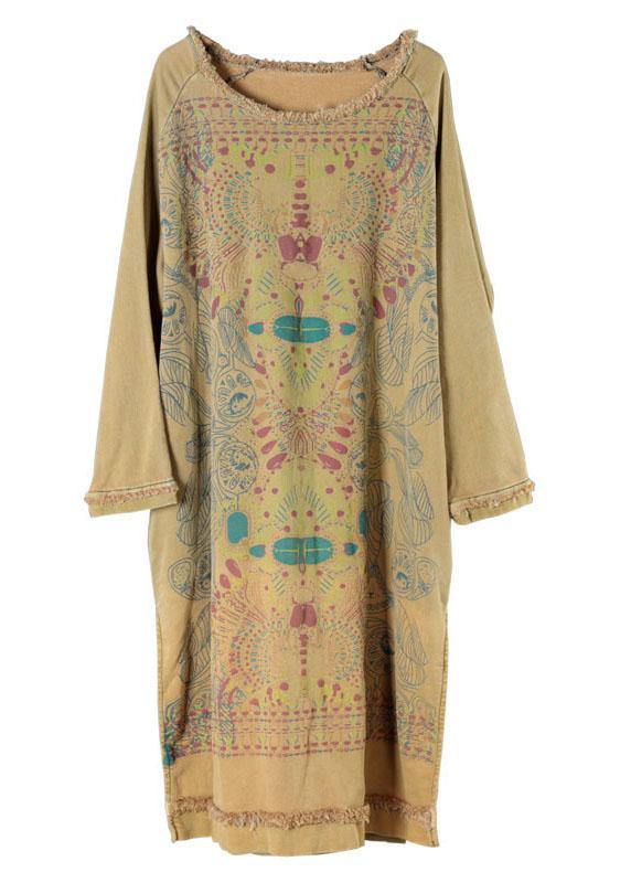 Unique Yellow O-neck Side Open Cotton Fall Dress Street Wear