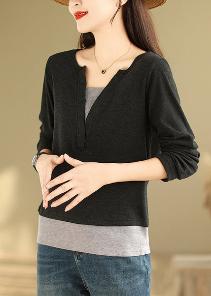 Black Patchwork Versatile Cotton T Shirts V Neck False Two Pieces Fall