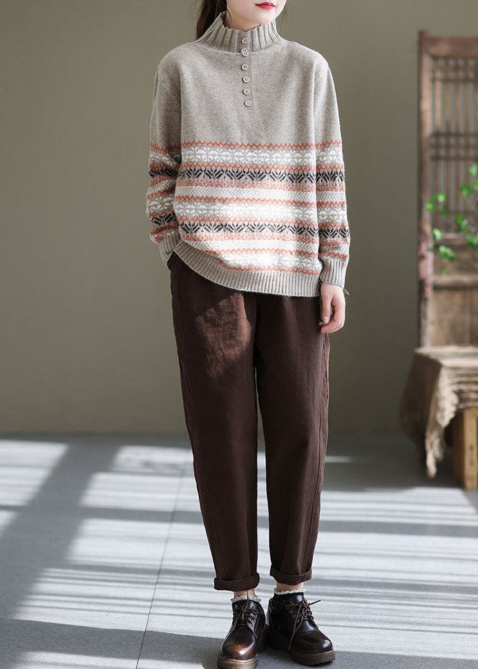 Light Grey Oversized Print Thick Knit Sweater Spring