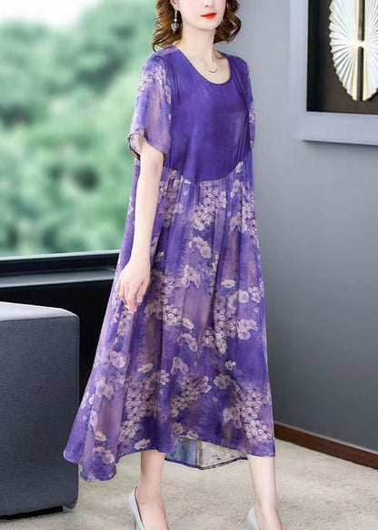 Purple O Neck Print Wrinkled Patchwork Silk Dress Summer