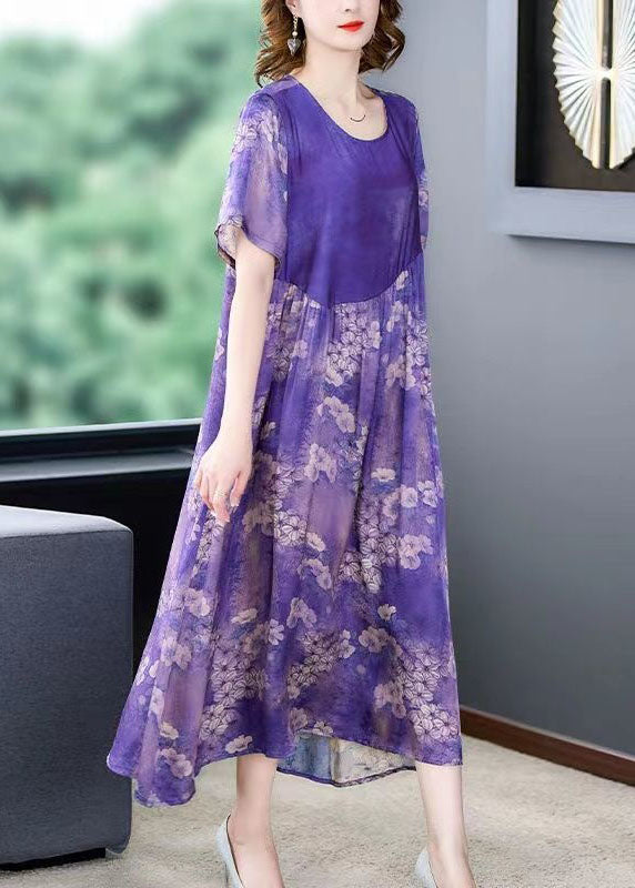 Purple O Neck Print Wrinkled Patchwork Silk Dress Summer