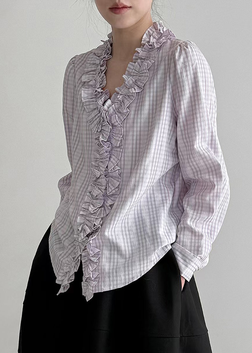 Fine Light Purple Ruffled Plaid Cotton Blouse Top Spring