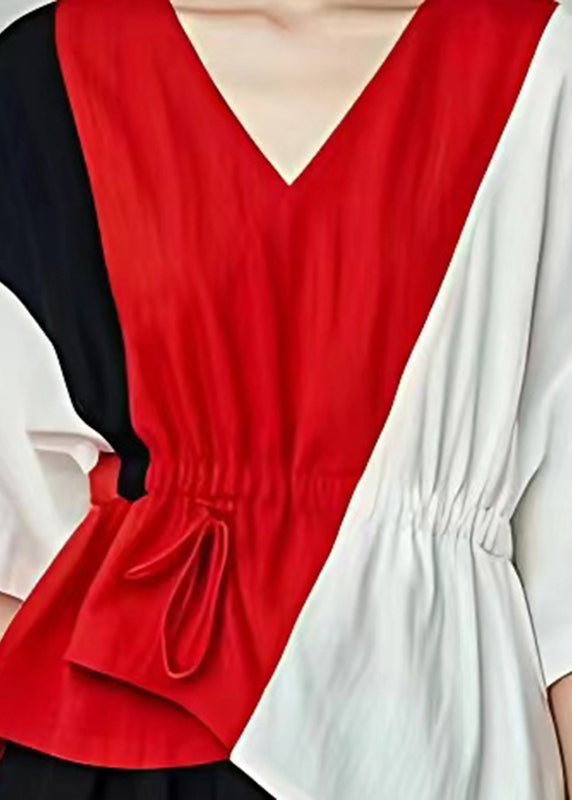 Art Colorblock Asymmetrical Patchwork Cotton Cinched Shirt Summer