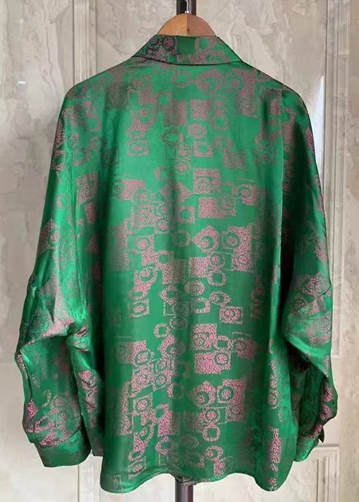 Green Peter Pan Collar Print Patchwork Silk Shirt Fall