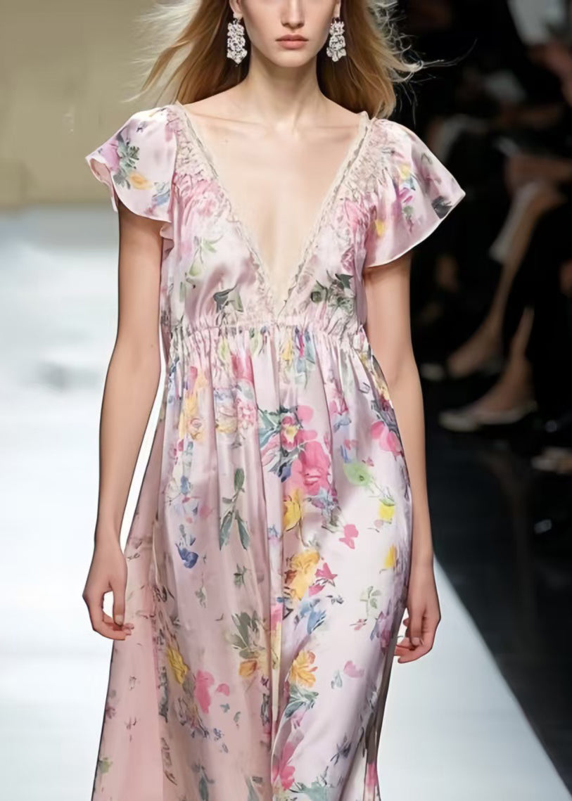 Modern Pink Print Silk Vacation Dresses Cinched Sleeveless Summer