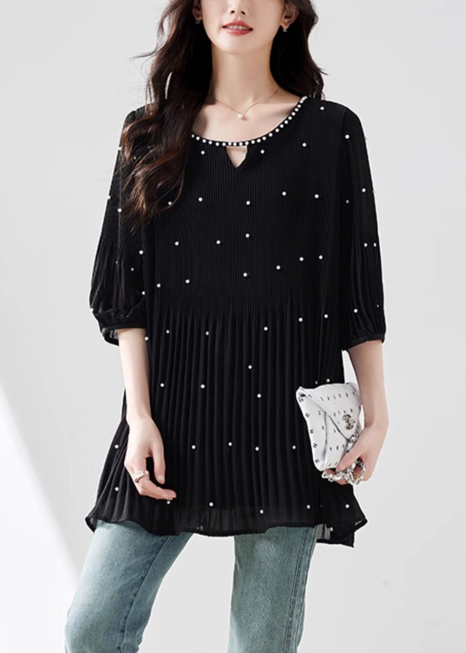 Loose Black O-neck Nail Bead Chiffon T Shirt Summer