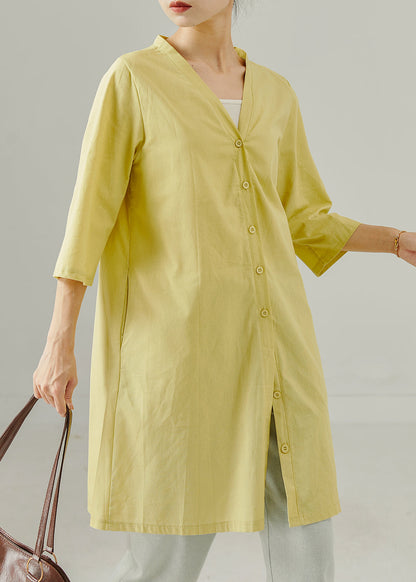 Simple Fruit Green V Neck Linen Tea Dress Summer