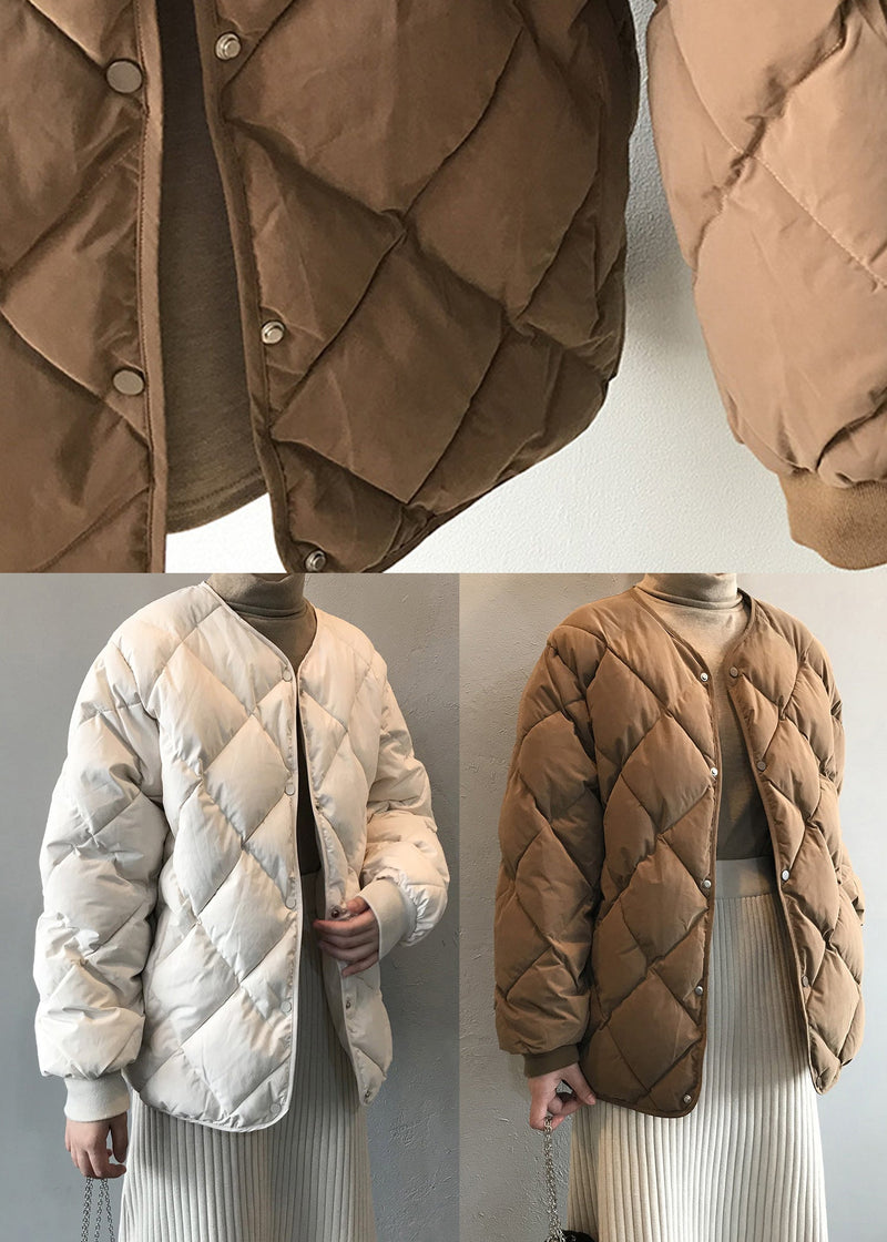 Beige Pockets Button Fine Cotton Filled Coats Winter