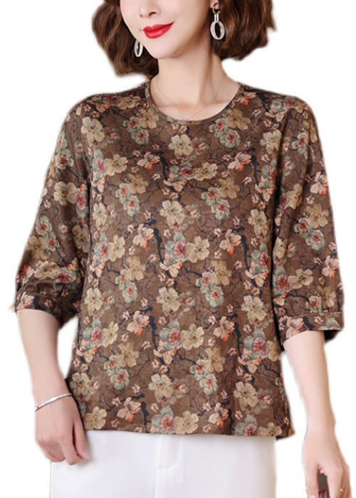Caramel O Neck Print Patchwork Silk Shirts Half Sleeve