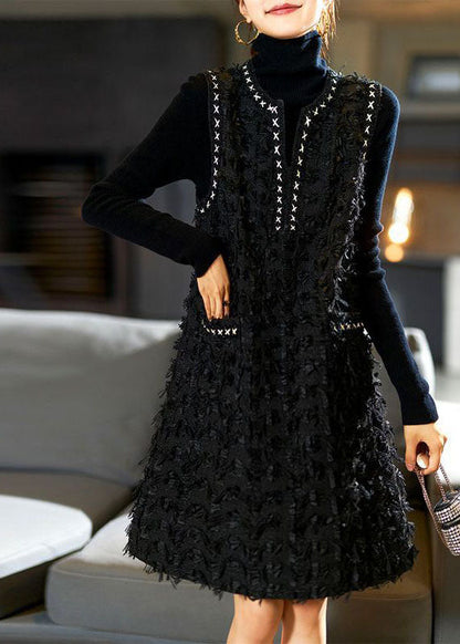 Black V Neck Patchwork Tassel Mid Dress Fall