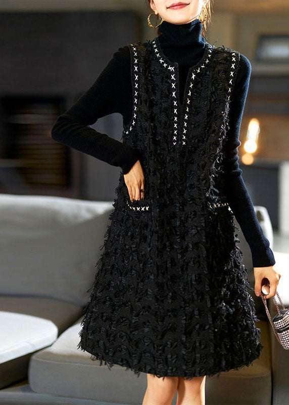 Black V Neck Patchwork Tassel Mid Dress Fall