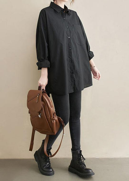 Art Lapel Pockets Spring Tunic Top Shirts Black Top