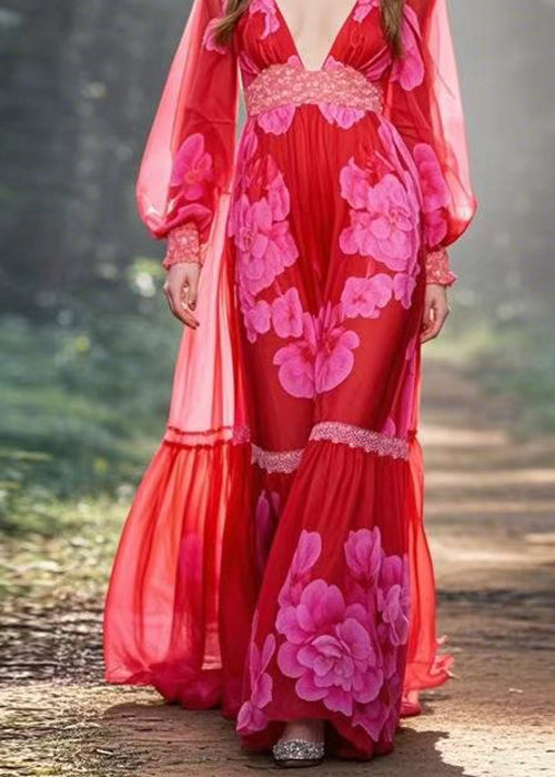 Red V Neck Print Patchwork Chiffon Long Dress Spring