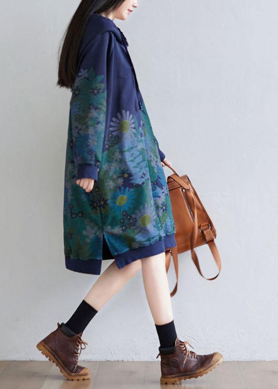 Navy Hooded Pockets Print Side Open Fall Sweatshirts Dress