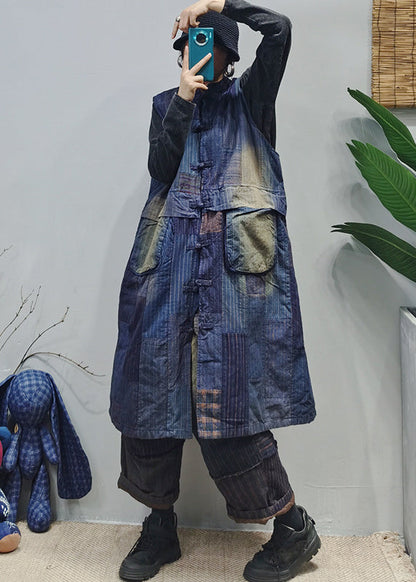 Colorblock Stand Collar Pocket Patchwork Cotton Vest Sleeveless