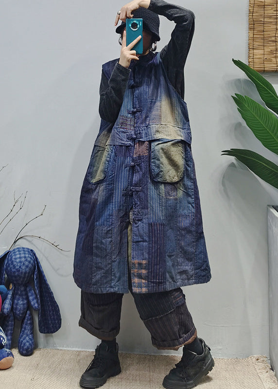 Colorblock Stand Collar Pocket Patchwork Cotton Vest Sleeveless