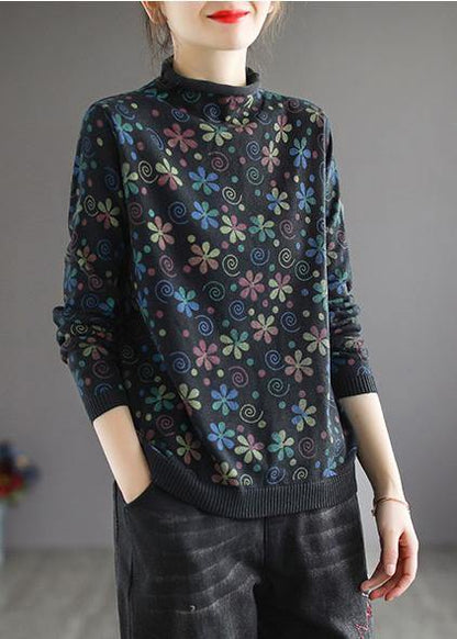 Khaki Print Sweater Tops High Neck Spring Knitwear