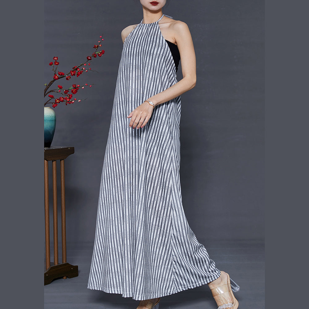 Grey Striped Backless Cotton Beach Dress Summer