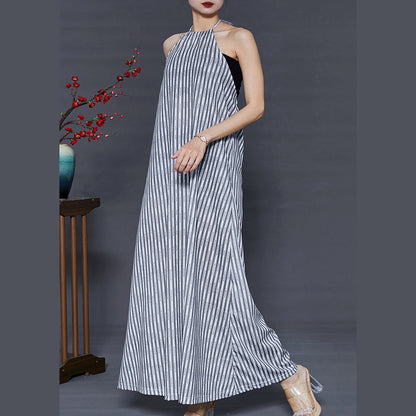 Grey Striped Backless Cotton Beach Dress Summer