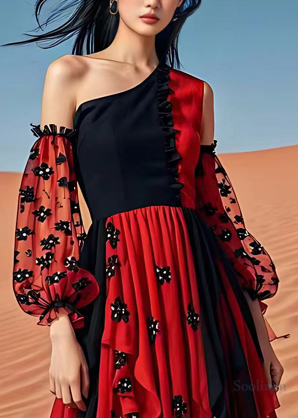 Red Cold Shoulder Print Patchwork Chiffon Maxi Dress Summer