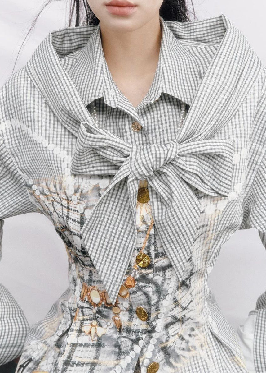Cold Shoulder Plaid Cotton Fake Two Piece Shirt Top Spring