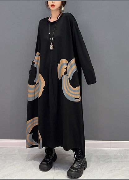 Black O-neck Print Maxi Dresses Spring