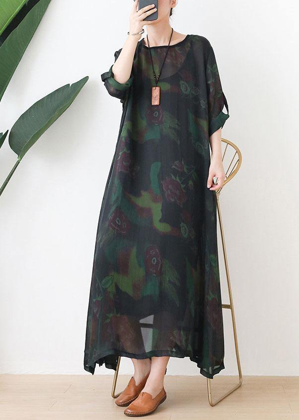 Green Print Chiffon Pockets Summer Dresses