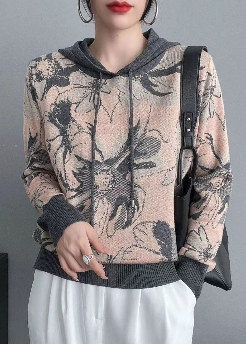 Orange Hooded Patchwork Cozy Knit Sweaters Long Sleeve