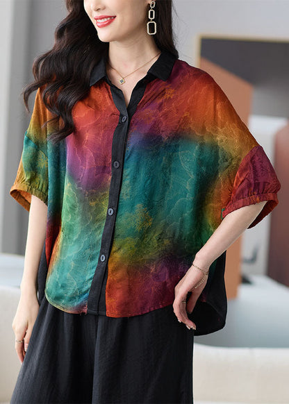 Diy Colorblock Peter Pan Collar Button Patchwork Silk Shirts Summer