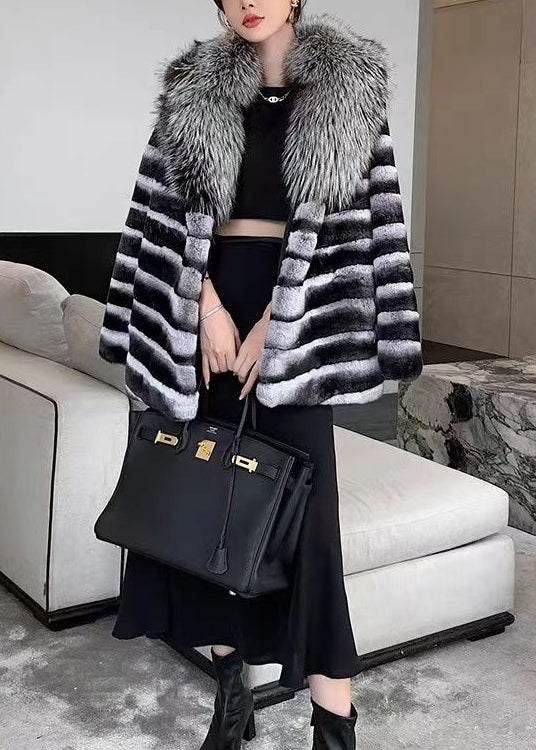 Boutique Black Grey V Neck Fur Collar Patchwork the Rabbit Wool Coat Winter