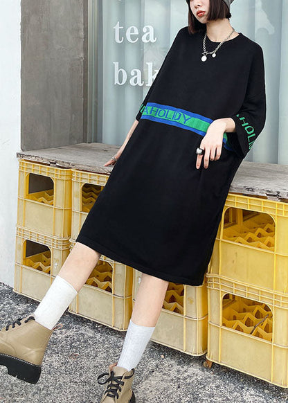 Black O-neck Patchwork Fall Holiday Dress Three Quarter Sleeve