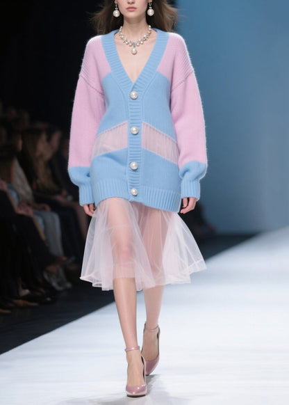 Colorblock Hollow Out Patchwork Tulle Knitwear Dress Fall