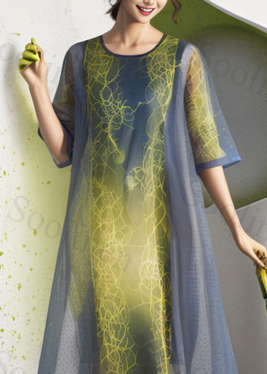 Organic Colorblock O Neck Print Silk Dress Summer