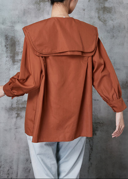 Brown Double-layer Collar Cotton Shirt Top Spring