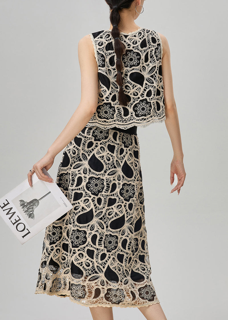 French Black Embroidered Lace Up Tank and Skirts Cotton Two Pieces Set Sleeveless