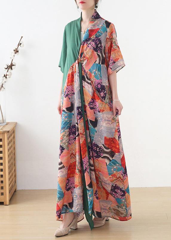 Green Patchwork Print Vacation Summer Chiffon Dress