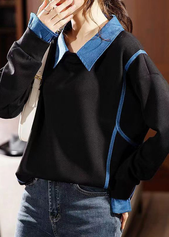 Black Peter Pan Collar Denim Patchwork Top Fall