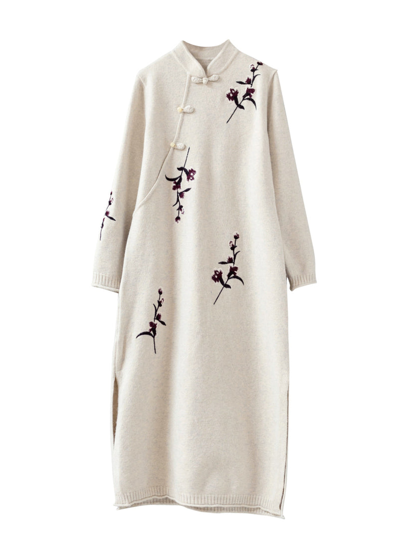 Apricot Stand Collar Embroideried Patchwork Woolen Knit Dress Fall