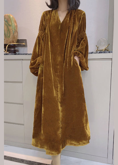 Yellow Puff Sleeve Pockets Velour Dress Spring