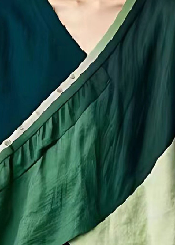 Green V Neck Patchwork Linen Top Summer