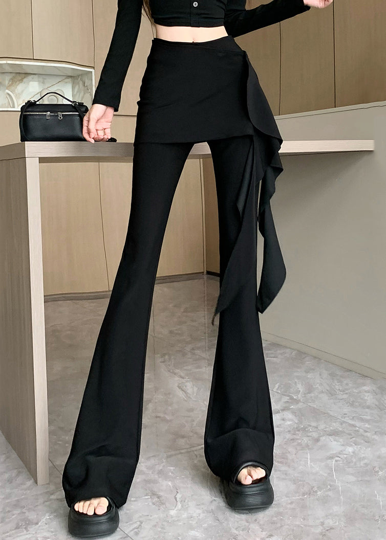 Black Asymmetrical Ruffled Spandex Flare Bottoms Spring