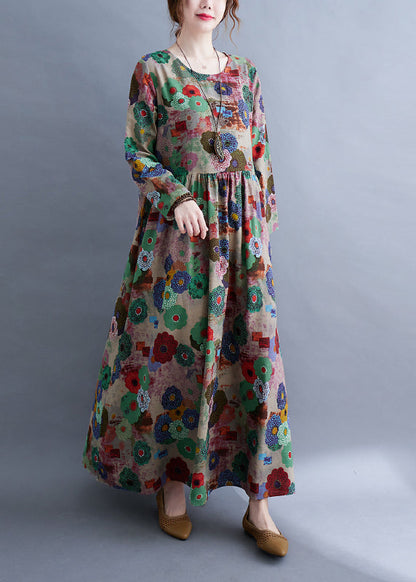 O-neck Print Wrinkled Extra Large Hem Long Dress Spring