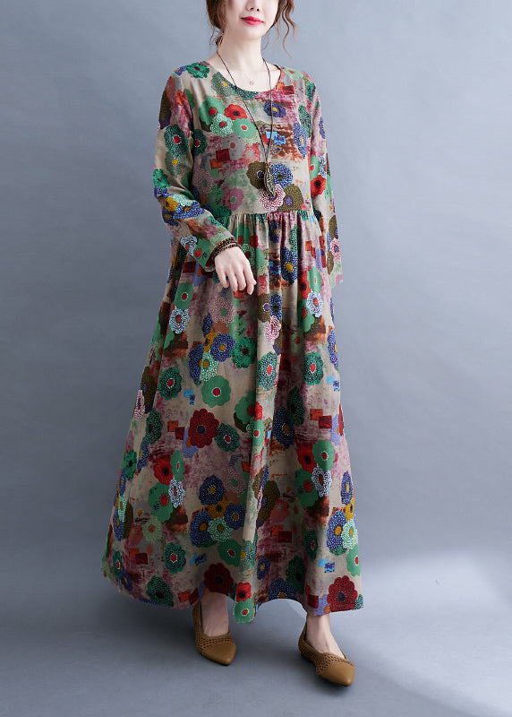 O-neck Print Wrinkled Extra Large Hem Long Dress Spring