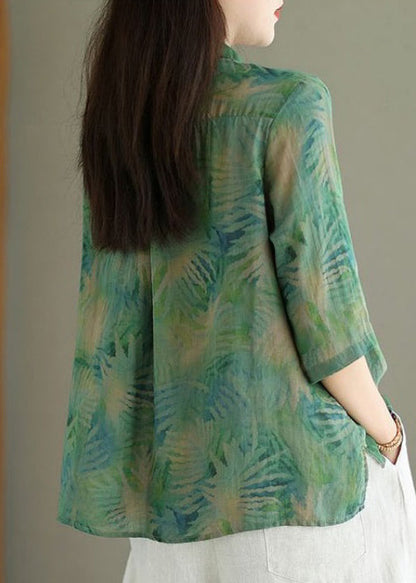 Green Print False Two Pieces Linen Shirt Half Sleeve