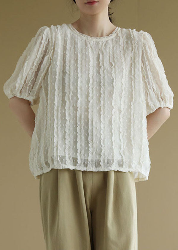 Beige O-neck Ruffled Jacquard Silk Shirts Short Sleeve