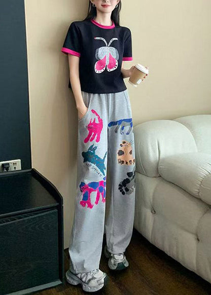 O-neck Print Patchwork Top Jeans and Two Pieces Set Summer