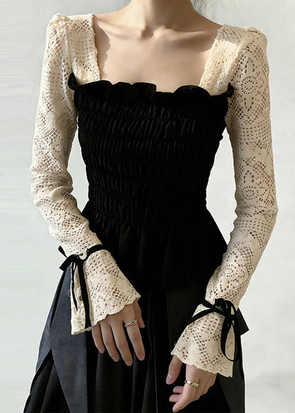 Black Square Collar Patchwork Cotton Shirt Tops Flare Sleeve