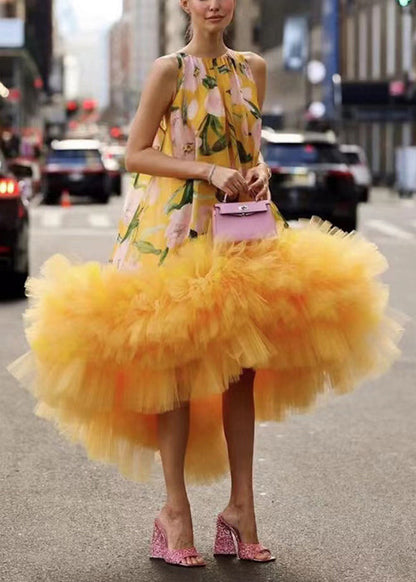 Yellow Print Exra Large Hem Party Dress Sleeveless Summer