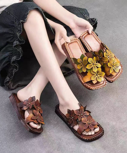 Handmade Cowhide Leather Yellow Green Slide Sandals