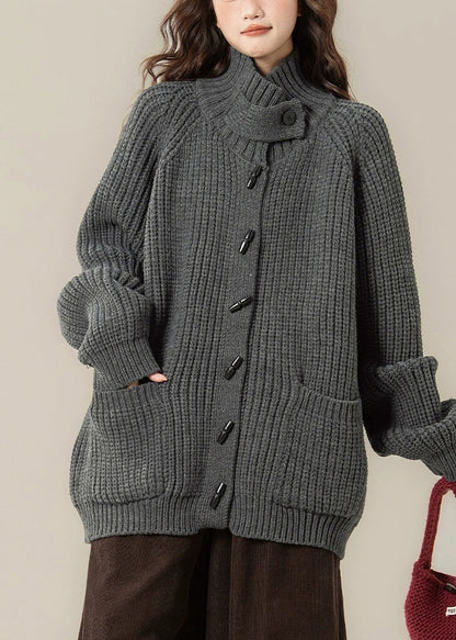 Grey Stand Collar Thick Cotton Knit Cardigans Winter